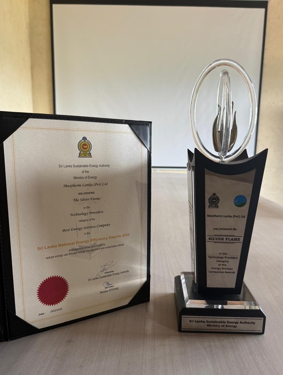 Silver Flame trophy and certificate awarded to Maxtherm Lanka