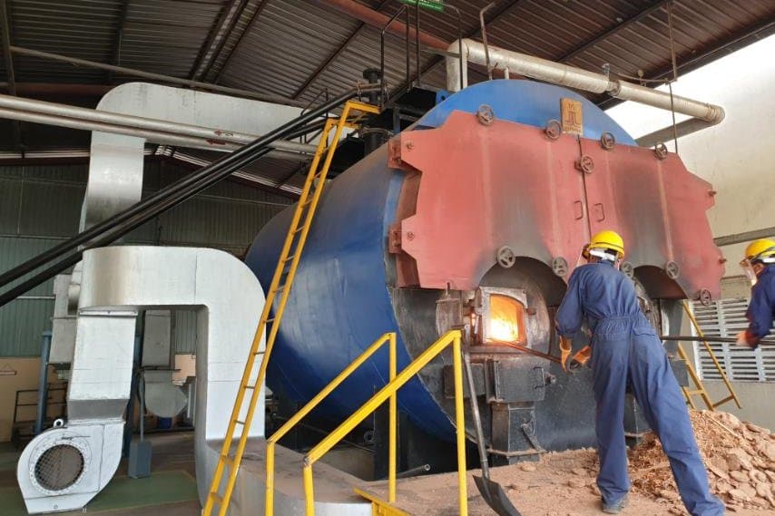 Industrial hot water boiler system in operation