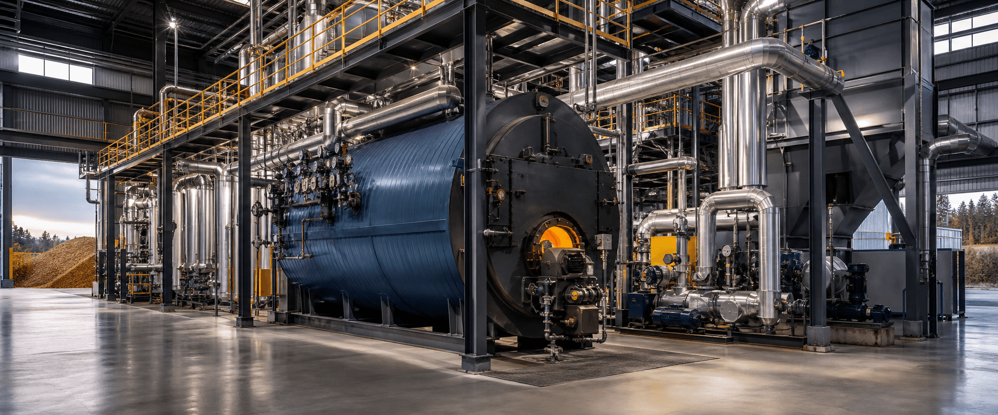Wide view of a modern industrial steam generation plant
